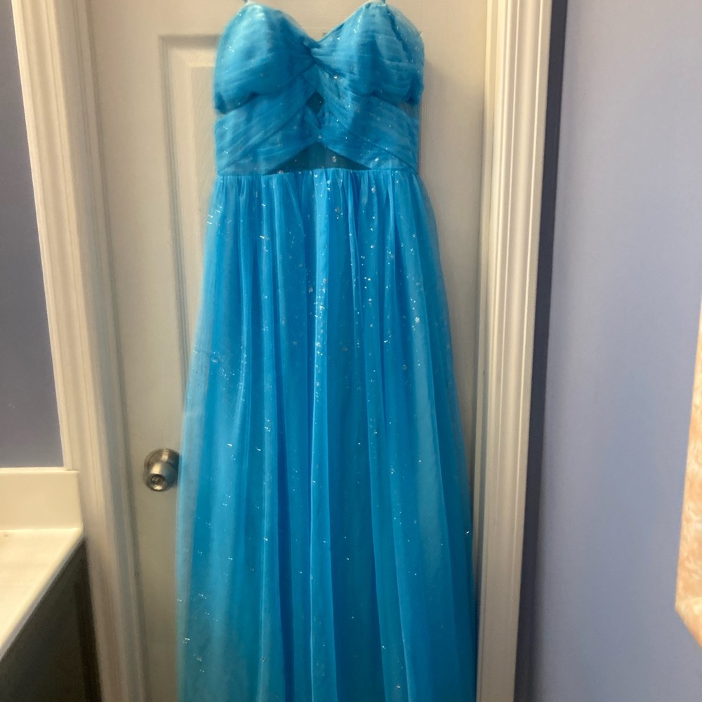 Long blue glitter, sheer prom dress, strapless